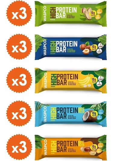 Waspco Yüksek Protein Bar Karma Kutu 50 G 5 Çeşit Toplam 15 Adet