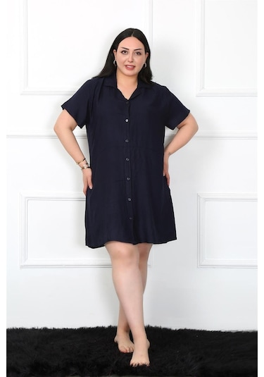 Akbeniz Büyük Beden Dokuma Düğmeli Lacivert Tunik Gecelik 1022-lacivert Lacivert