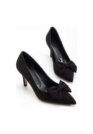 Büyük Beden Kadın Stiletto İnce Topuklu Ayakkabı Siyah Saten Fiyonklu-4295 Siyah