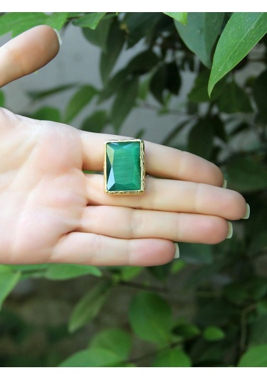 Kedi Gözü Cam Kadın Ayarlanabilir Altın Kaplama Yüzük Koyu Yeşil Euy69ky Yeşil