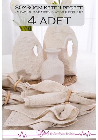 4 Adet %100 Ham Keten Peçete 30x30cm, Amerikan Sunum Peçetesi, Organik Keten Dekoratif Peçete Bej