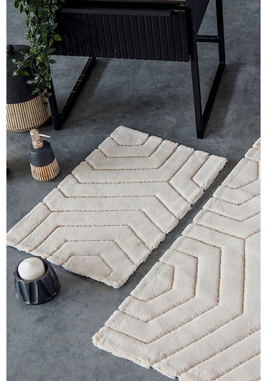 Hcw Plaid Bej %100 Pamuk Viskon 2 Parça Banyo Paspas Seti 40 60+60 100 Cm Bej
