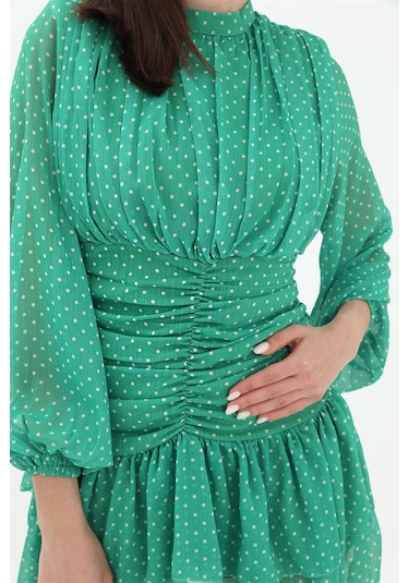 Büzgülü Puantiyeli Şifon Elbise - Yeşil-yeşil