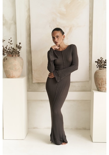 Matias Sırt Dekolteli Boz Kahve Triko Uzun Elbise Boz Kahve