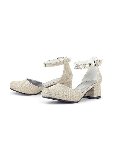 Merida Gold Simli Kalın Topuklu Taşlı Kız Çocuk Topuklu Ayakkabı Altın