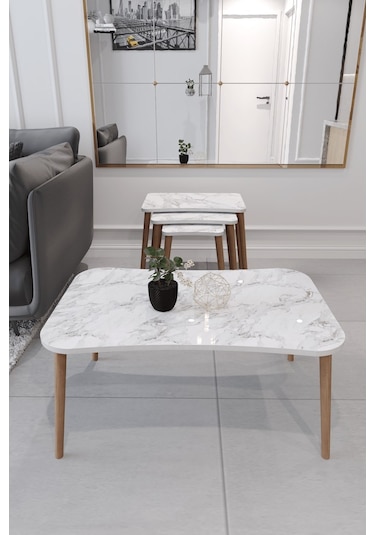 Esma Orta Sehpa Ve Zigon Sehpa 4'Lü Ahşap Ayaklı - Beyaz Mermer