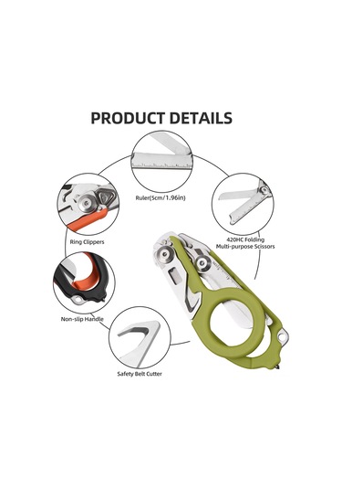 Hfambition Yeşil Çekirdekli Çok İşlevli Açık-kapalı Makas: Dış Mekan, Kamp İçin Çelik Gergi Kesici, Cam Kırıcı Ve Ölçü Çizgili Araç