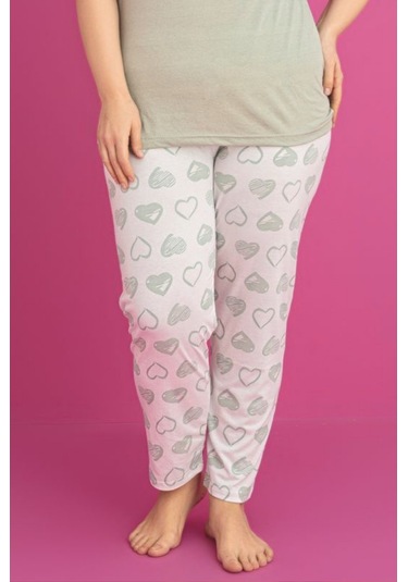 X-dreamy Büyük Beden Pamuklu Kalp Desenli Kısa Kollu Pijama Takımı Yeşil