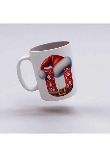 U Harfi Yılbaşı Temalı Bardak 330 Ml Harfli Kişiye Özel Hediye - Yeniyıl / Noel Şapka Tasarım Beyaz