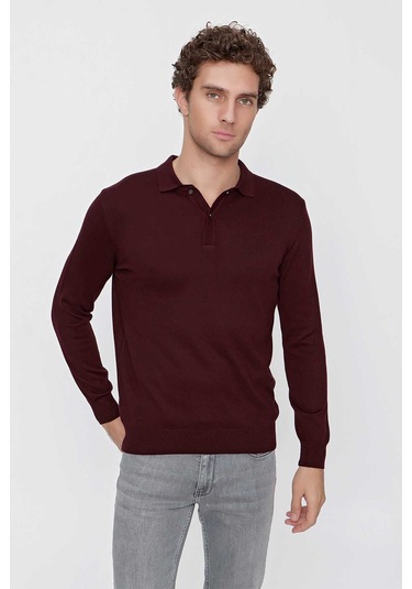 Basic Dinamik Fit Rahat Kesim Polo Yaka Triko Kazak 99kc017001752 Koyu Bordo