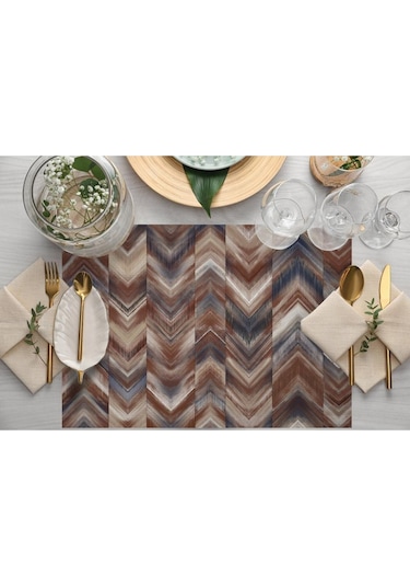 Kahverengi Geometrik Kumaş Amerikan Servis 4'lü Set Keten, Ulusl.yıkama Ve Solmama Sertifikası Çok Renkli