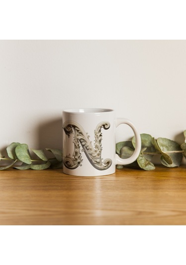 N Harfi Bardak, Monogram 330 Ml Barok Oymalı Görünüm Beyaz