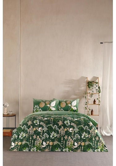 Doqu Home Saten Nevresim Takımı Çift Kişilik Rose Glow Yeşil