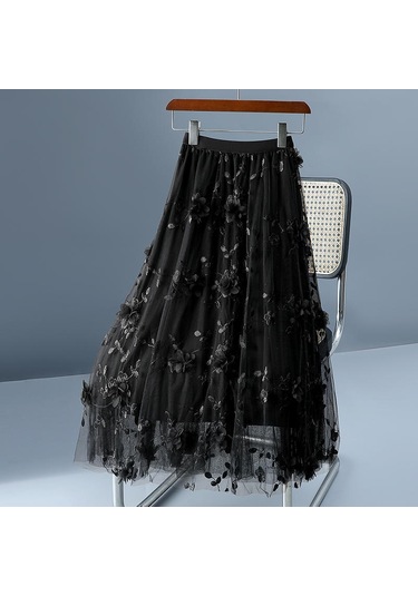 Lüks Kadın Etekler Kore Tarzı Moda Elastik Bel Aplikler Nakış Çiçek Örgü Etek Uzun Gazlı Bez Balo Etek Siyah