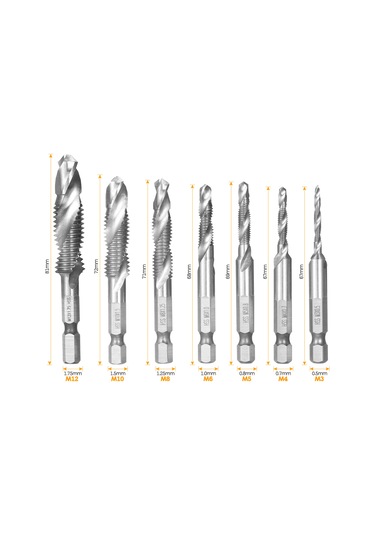 Fosenze 7'li Hss İvme Tala Ve Tap Seti - 1/4" Altıgen Saplı, Gümüş Renkli, M3-m12 Boyutları, Yumuşak Metal-ıçin Uygun