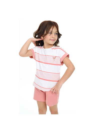 Toontoy Kız Çocuk Çizgili Kalp Nakışlı Şortlu Takım Koyu Pudra