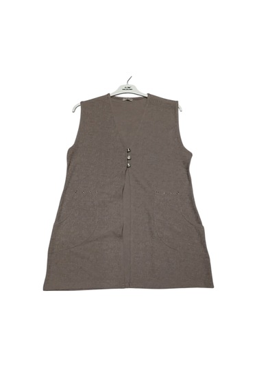 Kadın Önü Üç Düğmeli Jakarlı Cepli Kısa Yelek Krem