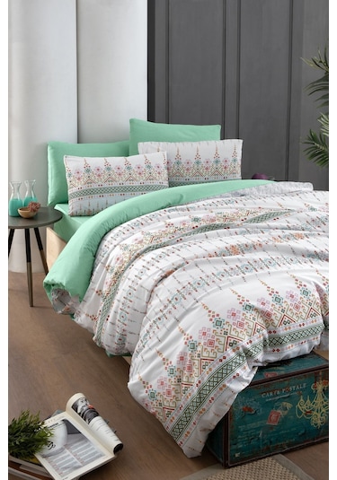 Mystory Home  Lastikli Çarşaflı Çift Kişilik Nevresim Takımı Estilla Yeşil