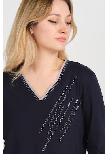 Detay Triko Kadın V Yaka Taş İşlemeli Uzun Kol Anne Bluz 5751 Lacivert Lacivert