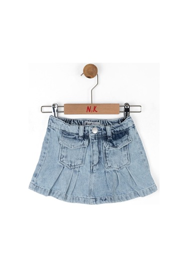 Pileli Denım Etek Mavi