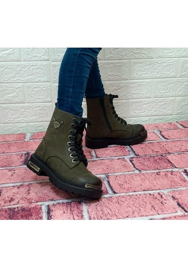 Hammerjack 17600.F Haki Hakiki Deri Fermuarlı Bağcıklı Çocuk Bot