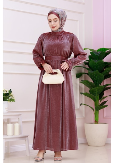 Kolu Volanlı Simli Alya Abiye-bordo-4870
