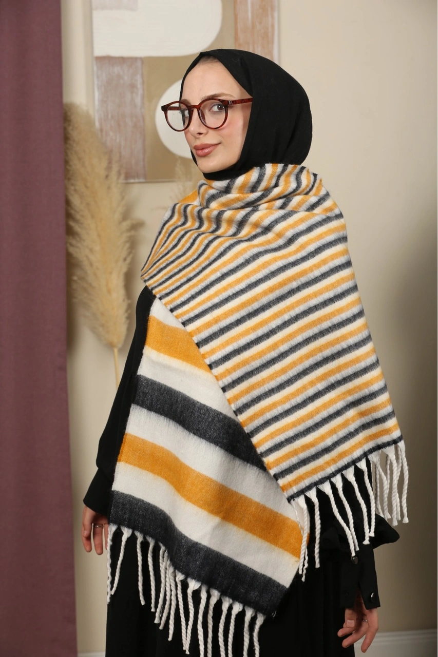 Çift Taraflı Kışlık Omuz Şalı Hardal