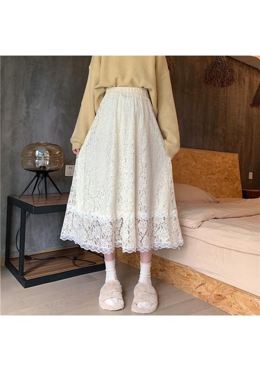 Sonbahar Ve Kış Yüksek Belli Dantel Etek Orta Boy Tüm Maç Düz Renk Çiçek Açık Mavi