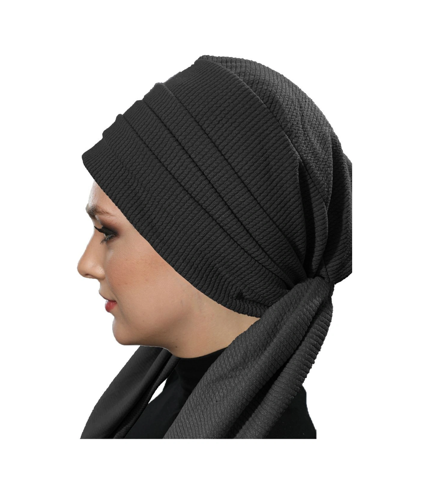 Fitilli Penye Bağlama Siyah Hazır Türban Tesettür Bone Siyah