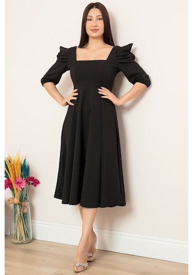 Kalopya Kol Pileli Volanlı Elbise 924-2949- Siyah