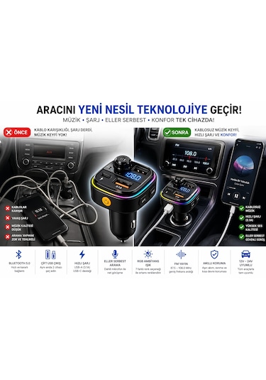 Araç İçi Bluetooth Fm Transmitter Usb-c Hızlı Şarj Çift Usb Led Ekran 12-24v 12w