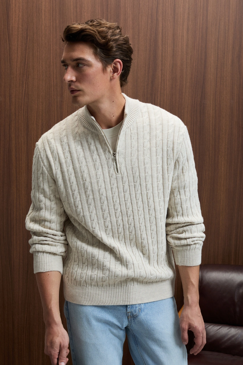 Grımelange Ivar Erkek Yarım Fermuarlı Dik Yakalı Saç Örgü Desenli Triko Taş Rengi Kazak Taş