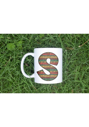 S Harfi Etnik Desenli Kupa - Afrika Tarzı Kahve Çay Kupası - Hediyelik - Black History Beyaz