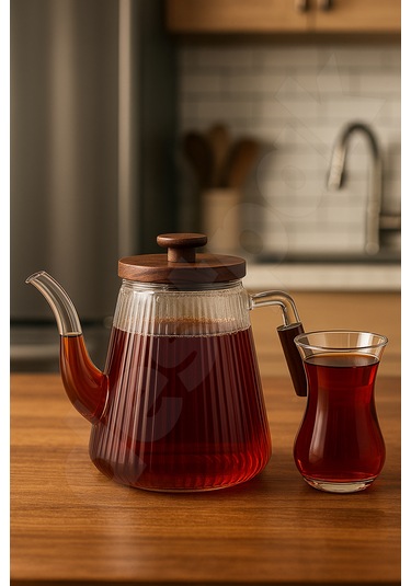 Akasya Kapaklı Ve Saplı Cam Demlik - Isıya Dayanıklı - Cam Demlikli - 3 Parça - 1 Litre Cam