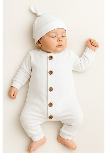 Mevsimlik %100 Pamuk Bereli Bebek Tulum Takım - Yeni Sezon Unisex Süt