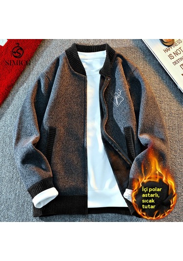 Erkek Fermuarlı Örme Polar Hırka Kazak Koyu Gri