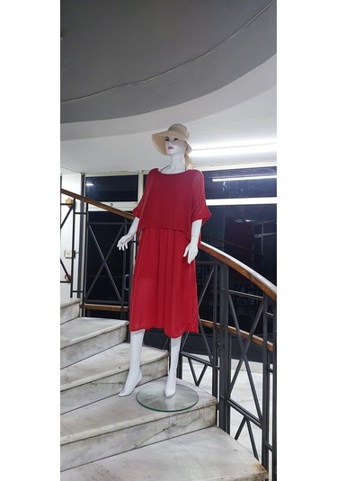 İtalyan Müslin Keteni Üstü File Bluzlu Astarlı Tek Parça Elbise Kırmızı