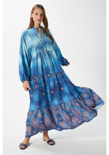 Modest Kadın Lucian Mavi %100 Viskon Maksi Boy Yazlık Elbise Maviturkuazturuncu Çok Renkli