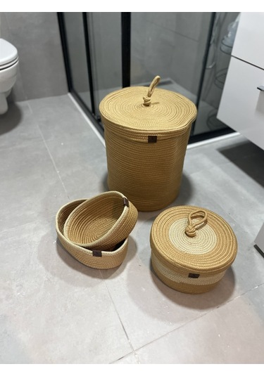 Banyo Takımı Çamaşır Sepeti Banyo Organizer Sepet Paspas Klozet Önü Paspas 4 Lü Sepet Takımı Kahverengi