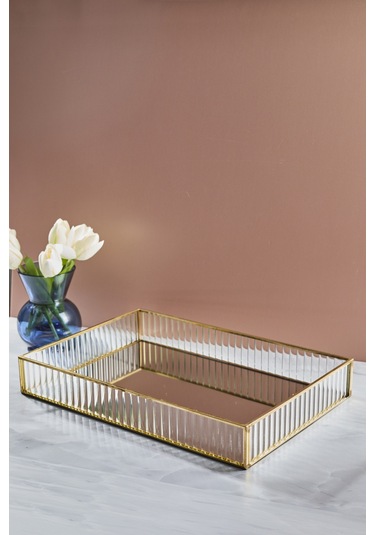 Gio Dikdörtgen Cam Sunumluk Aynalı Tepsi Gold Gold