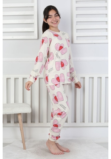 Tangled Hearts Desenli Kız Çocuk Pijama Takımı 8-13 Ekru