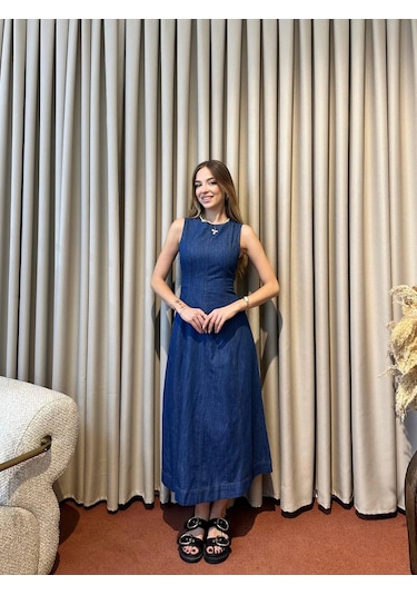 Proto Suit Sıfır Kol Mini Denim Elbise Lacivert