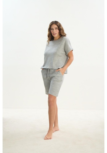 Kadın Kısa Kol Gri Mlelanj Şortlu Pijama Takım C1t1n1o61 001