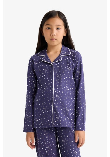 Defacto Kız Çocuk Pijama Takımı Relax Fit Desenli Uzun Kollu Üst Uzun Alt F7285a825aupr160 Mor