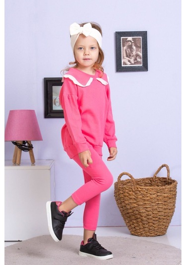 Fisto Yaka Detaylı Alt Üst Kaşkorse Kız Çocuk Takım Pembe