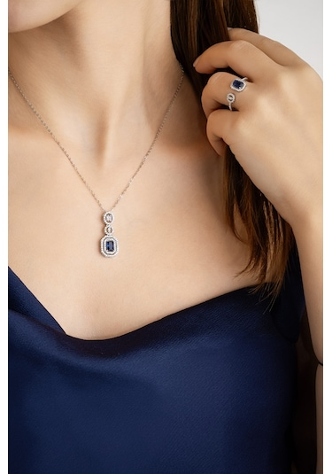 Safir Masalı 18 Ayar Beyaz Altın Kaplama 43 Cm Gümüş Baget Kolye