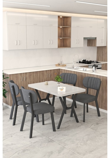 Gnr 70x110cm Sabit Beyaz Mutfak Masası Takımı, Yemek Masası, 4 Modern Antrasit Sandalye Antrasit