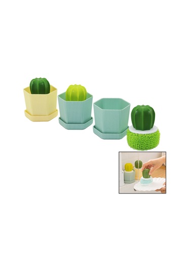 Kaktüs Model Saplı Sert - Renkli Plastik Tel Bulaşık Fırçası Ren Çok Renkli