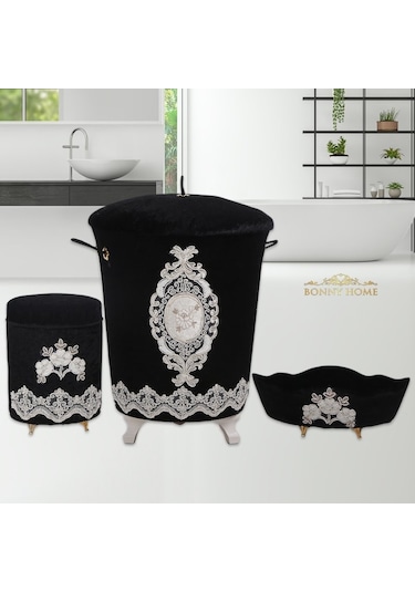 Lisa Siyah 3Lü Kadife Banyo Kirli Çamaşır Sepeti Seti Siyah