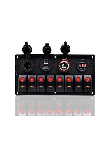 Bfy Switch Panel 8'Li +Usb+Plastik Çakmaklık+ Çakmak+ Voltmetre Kırmızı